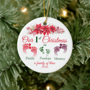 Ornamento De Cerâmica Primeiro Natal Como Família De 3 Poinsettia