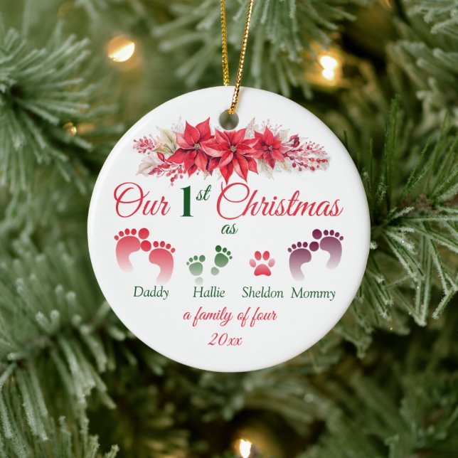 Ornamento De Cerâmica Primeiro Natal Como Família De 4 Poinsettia (Árvore)