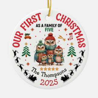 Ornamento De Cerâmica Primeiro Natal Como Família De Cinco Personalizado