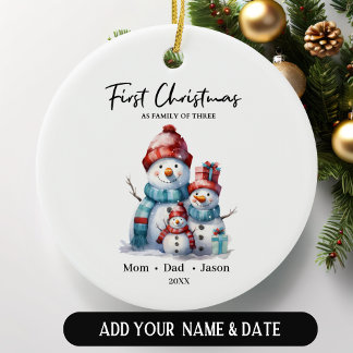 Ornamento De Cerâmica Primeiro Natal como Família de Três Neves