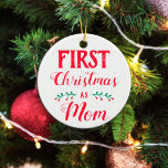 Ornamento De Cerâmica Primeiro Natal como mamãe branca com foto<br><div class="desc">Este ornamento da árvore de Natal é perfeito para celebrar seu primeiro Natal como mãe. Diz "Primeiro Natal como mãe" numa fonte vermelha moderna sobre um fundo branco. O outro lado apresenta uma imagem personalizável do bebê, com nome e data de nascimento. Para mais personalização ou outros itens correspondentes, por...</div>