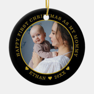 Ornamento De Cerâmica Primeiro Natal como Mamãe Foto Negra e Dourada
