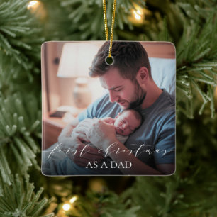Ornamento De Cerâmica Primeiro Natal como Pai 2 Fotos em Letra Elegante