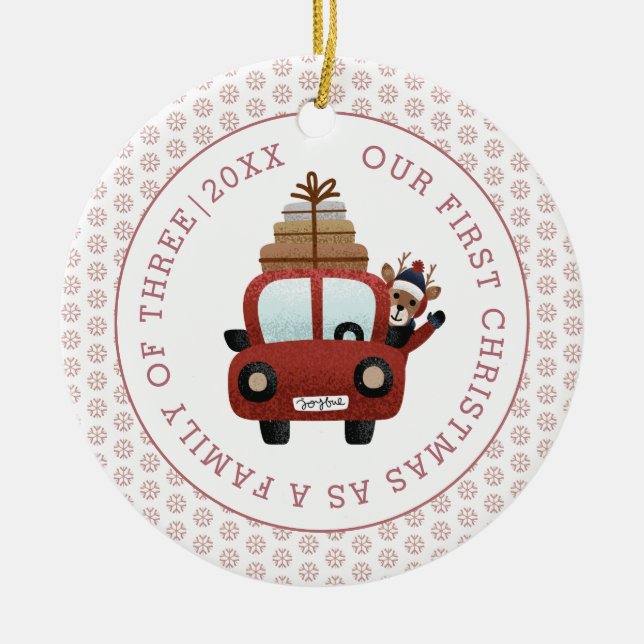 Ornamento De Cerâmica Primeiro Natal como pais Foto rosa ouro (Frente)