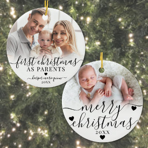 Ornamento De Cerâmica Primeiro Natal Como Pais Nova Foto Do Bebê
