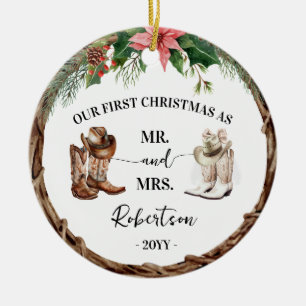 Ornamento De Cerâmica Primeiro Natal como Sr e Sra Cowboy Cowgirl Wester