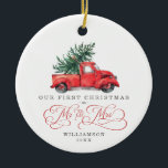 Ornamento De Cerâmica Primeiro Natal como Sr. e Sra. / Vintage Red Truck<br><div class="desc">Este Enfeites de natal inspirado nesta safra apresenta uma ilustração de uma cor d'água linda de um caminhão vermelho carregando um pinheiro. Os campos de texto são totalmente editáveis, exceto a palavra "Natal". Basta remover esta palavra clicando no botão excluir e adicionar seu próprio texto se você precisar de uma...</div>