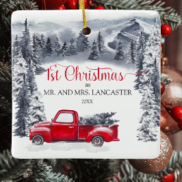 Ornamento De Cerâmica Primeiro Natal como Sr. e Sra. Vintage Truck