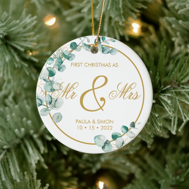Ornamento De Cerâmica Primeiro Natal como Sr. & Sra. (Árvore)