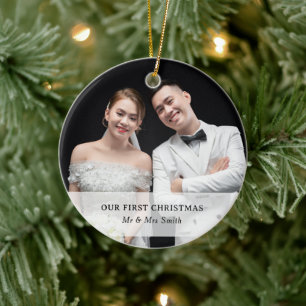 Ornamento De Cerâmica Primeiro Natal como Sr. & Sra. com Foto & Nome Per