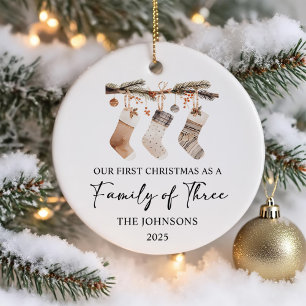 Ornamento De Cerâmica Primeiro Natal como uma Família de Três