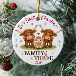 Ornamento De Cerâmica Primeiro Natal como uma Família de Três Vacas Long