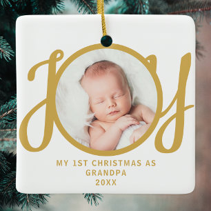 Ornamento De Cerâmica Primeiro Natal Como Vovô Foto Dourada Script