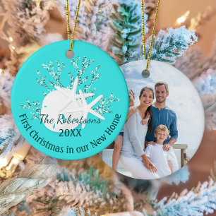Ornamento De Cerâmica Primeiro Natal Costeiro Nova Casa Azul Aqua Foto