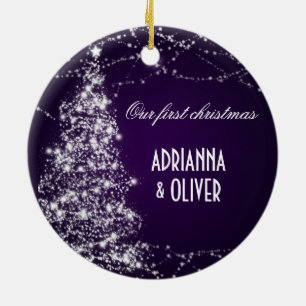 Ornamento De Cerâmica Primeiro Natal da árvore cintilante roxa elegante