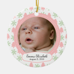 Ornamento De Cerâmica Primeiro Natal da Baby Girl - Árvore e floco de ne