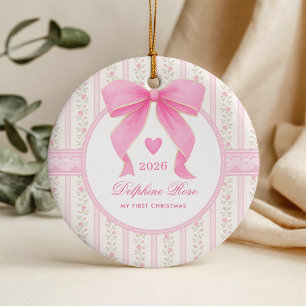 Ornamento De Cerâmica Primeiro Natal da Bebê Coquette Rosa Arco Rosas
