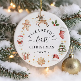 Ornamento De Cerâmica Primeiro Natal da Bebê em Aquarela Coroa