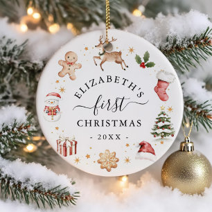 Ornamento De Cerâmica Primeiro Natal da Bebê em Aquarela Coroa