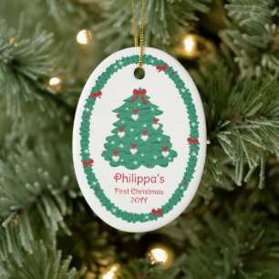 Ornamento De Cerâmica Primeiro Natal da Bebê Menina Árvore Corações e La