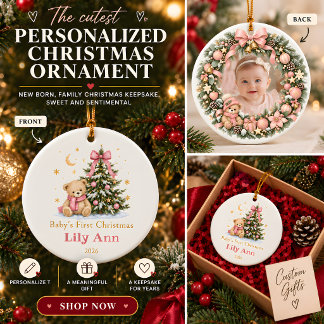 Ornamento De Cerâmica Primeiro Natal da Bebê Menina Foto Personalizada
