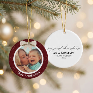 Ornamento De Cerâmica Primeiro Natal da Mãe Foto Arco Branco CerejaVerme