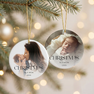Ornamento De Cerâmica Primeiro Natal da Mamãe e do Bebê Foto Dupla Elega