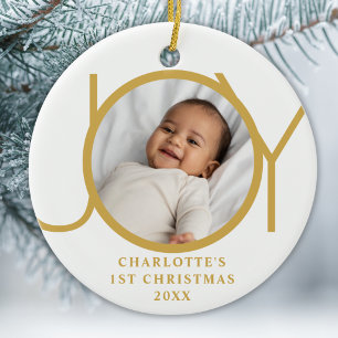 Ornamento De Cerâmica Primeiro Natal da Menina Bebê Foto Alegria Dourado