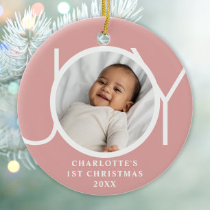 Ornamento De Cerâmica Primeiro Natal da Menina Bebê Foto Alegria Rosa Pe