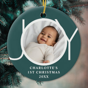 Ornamento De Cerâmica Primeiro Natal da Menina Bebê Foto Alegria Verde P