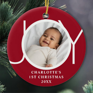Ornamento De Cerâmica Primeiro Natal da Menina Bebê Foto Alegria Vermelh
