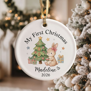 Ornamento De Cerâmica Primeiro Natal da Menina em Aquarela