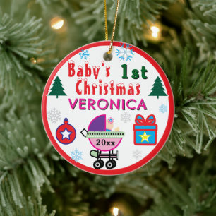 Ornamento De Cerâmica Primeiro Natal da Menina em Carrinho Rosa Roxo