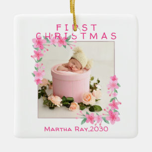 Ornamento De Cerâmica Primeiro Natal da Menina Floral Rosa Suave quadro