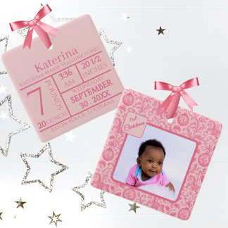 Ornamento De Cerâmica Primeiro Natal da Menina Foto Toalete Rosa