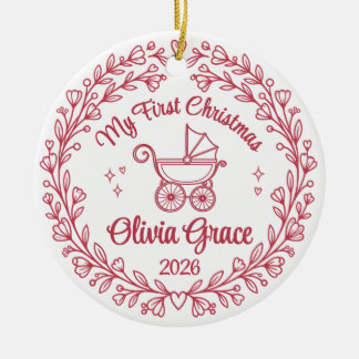 Ornamento De Cerâmica Primeiro Natal da Menina Nome & Ano Floral