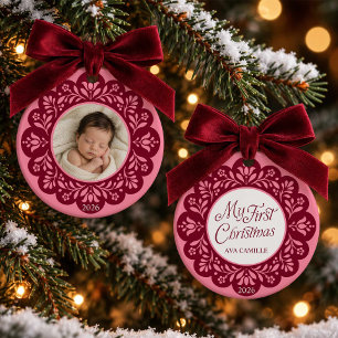 Ornamento De Cerâmica Primeiro Natal da Menina Rosa Floral Foto