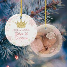 Ornamento De Cerâmica Primeiro Natal da Princesa Bebê Foto Rosa e Dourad