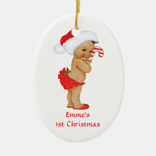 Ornamento De Cerâmica Primeiro Natal de Bebê Menina Étnica Vermelho Papa