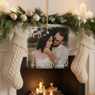 Ornamento De Cerâmica Primeiro Natal de Casados Foto de Recém-Casados