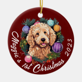 Ornamento De Cerâmica Primeiro Natal de Goldendoodle