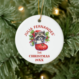 Ornamento De Cerâmica Primeiro Natal de Guaxinim Fofinho Personalizado