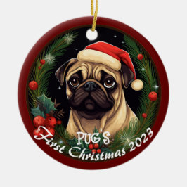 Ornamento De Cerâmica Primeiro Natal de Pug