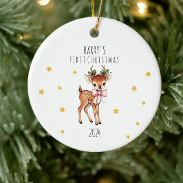 Ornamento De Cerâmica Primeiro Natal de Reindeer Infantil Personalizado