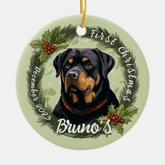 Ornamento De Cerâmica Primeiro Natal de Rottweiler (Frente)