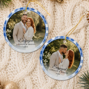Ornamento De Cerâmica Primeiro Natal Desposados 2 Foto Azul Gingham
