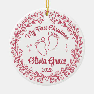 Ornamento De Cerâmica Primeiro Natal do Bebê 2026 Pegadas de Menina