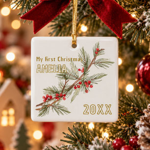 Ornamento De Cerâmica Primeiro Natal do Bebê Azevinho Folhagem de Invern