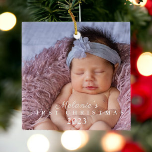Ornamento De Cerâmica Primeiro Natal do Bebê com Duas Fotos Personalizad