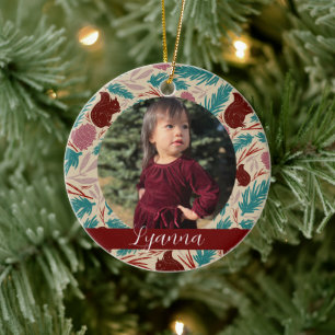 Ornamento De Cerâmica Primeiro Natal do Bebê com Quadro Floral Retro